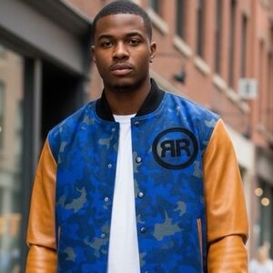 Men's Blue Camo and Tan Bomber Jacket medium & XL.